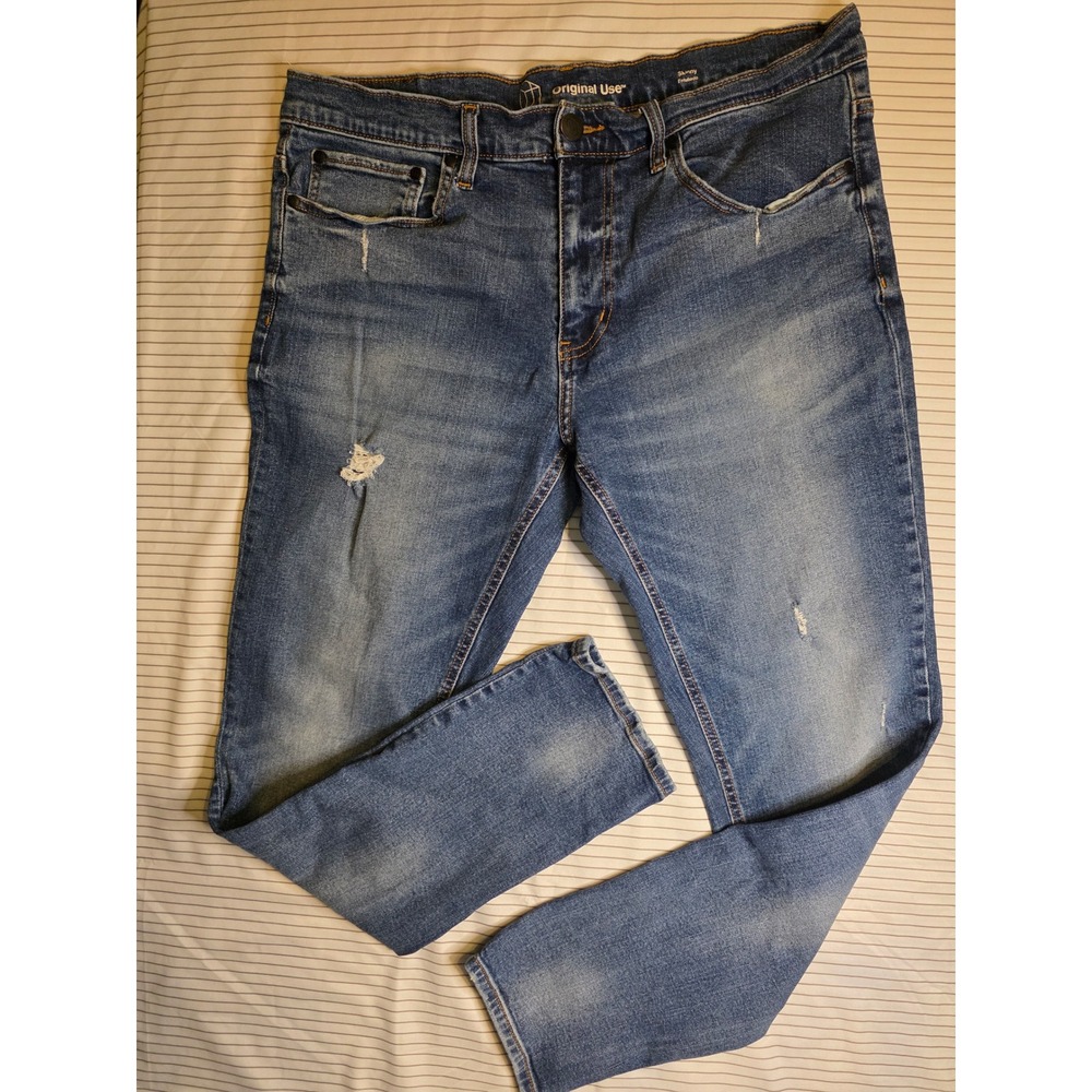 1294 Original Use Mens Skinny Fit Distressed Blue Denim Jeans Medium Wash 34x30